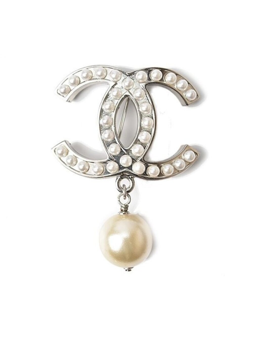 Chanel Brooch Pin Coco Mark Rhinestone Pearl Silver
